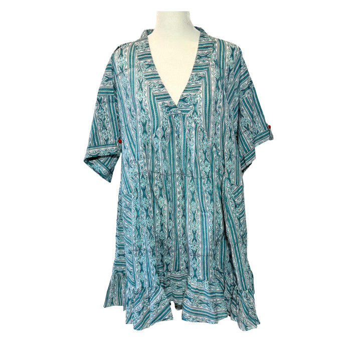 Block-Print Midi Dress with Ruffles